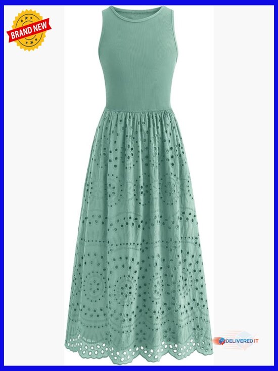 Dresses & Skirts - Sleeveless Crewneck A-Line Boho Lace Eyelet Cotton Tank Maxi Dress with Pockets
